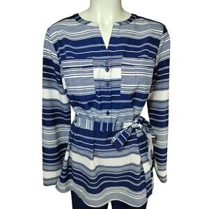 Women's Blue & White Striped Shirt Pants Set, Size S/M